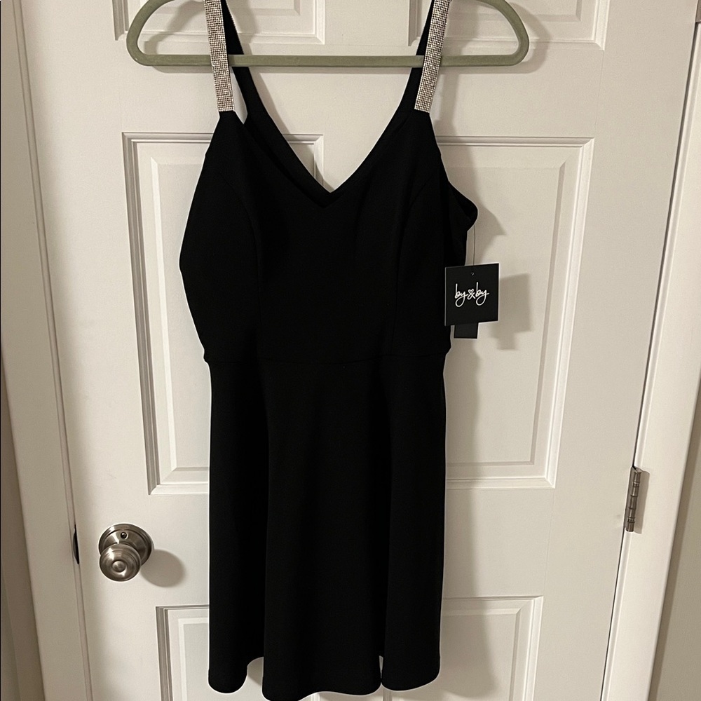 by & by Black Sleeveless mini dress fit-and-flare rhinestone straps Medium